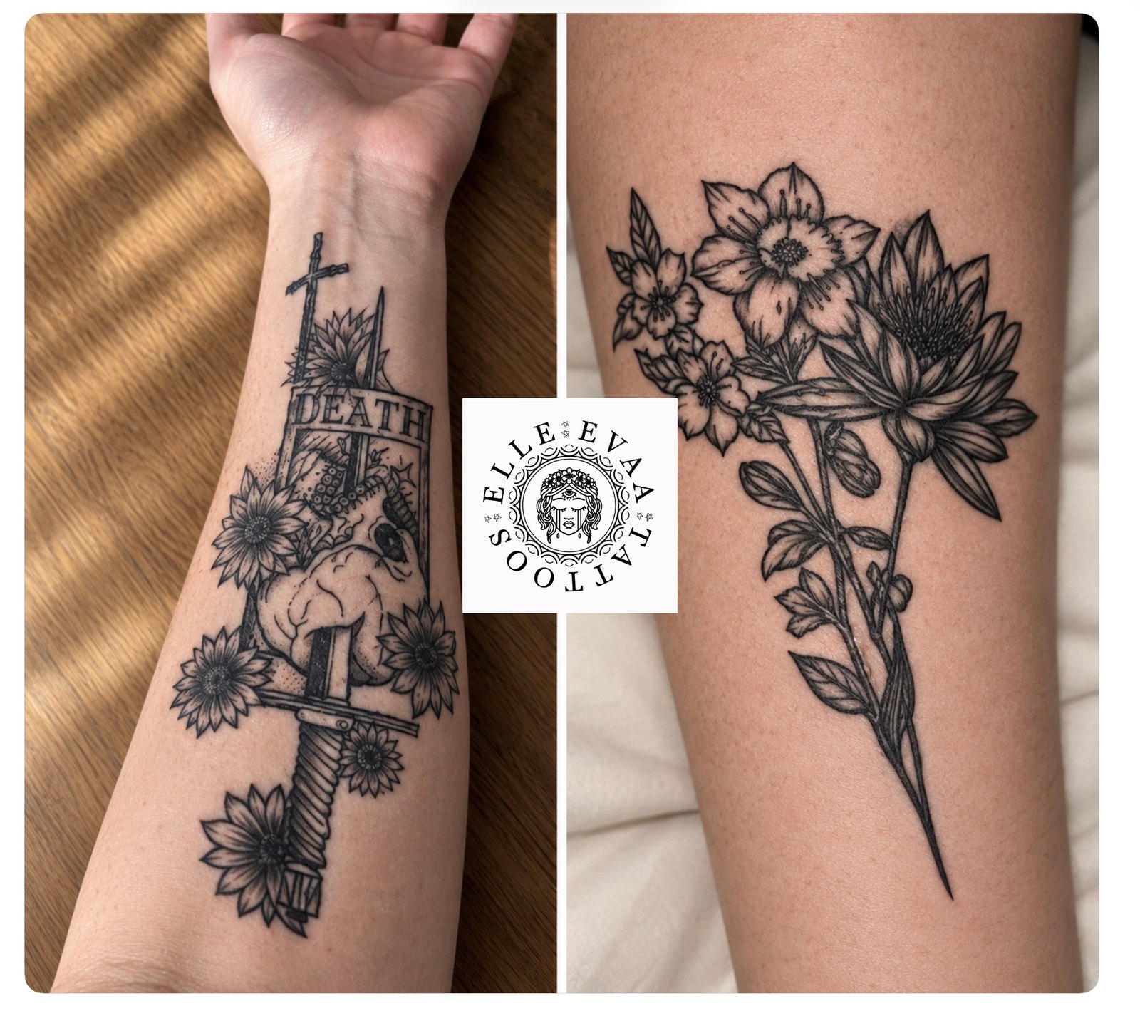 Dagger, skull and sunflowers on the forearm; wild flowers on the lower leg. Illustrative blackwork.