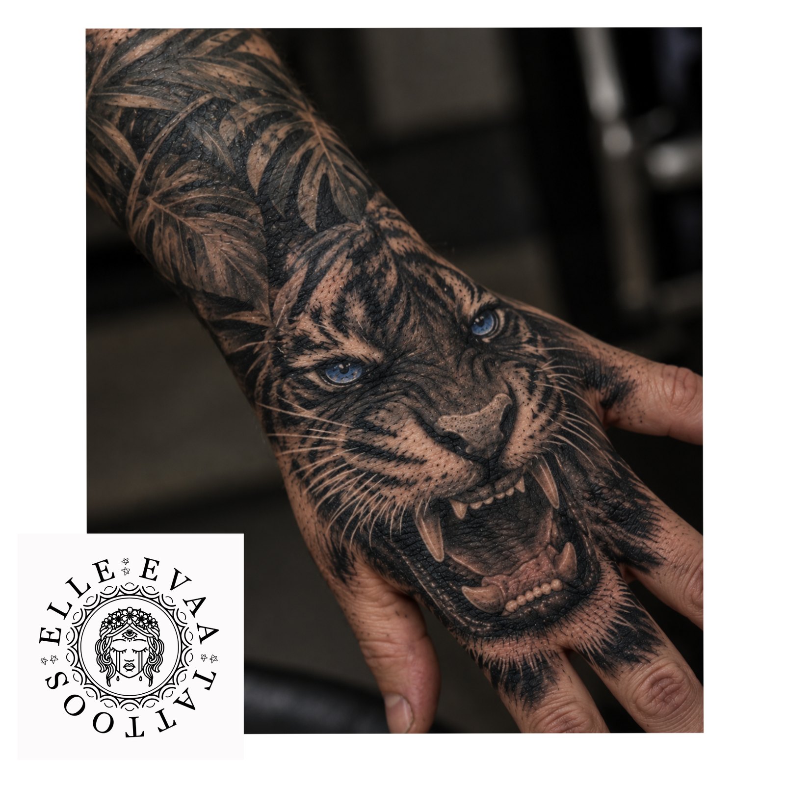 Tiger and palm leaves, hand and forearm. Black and grey realism.